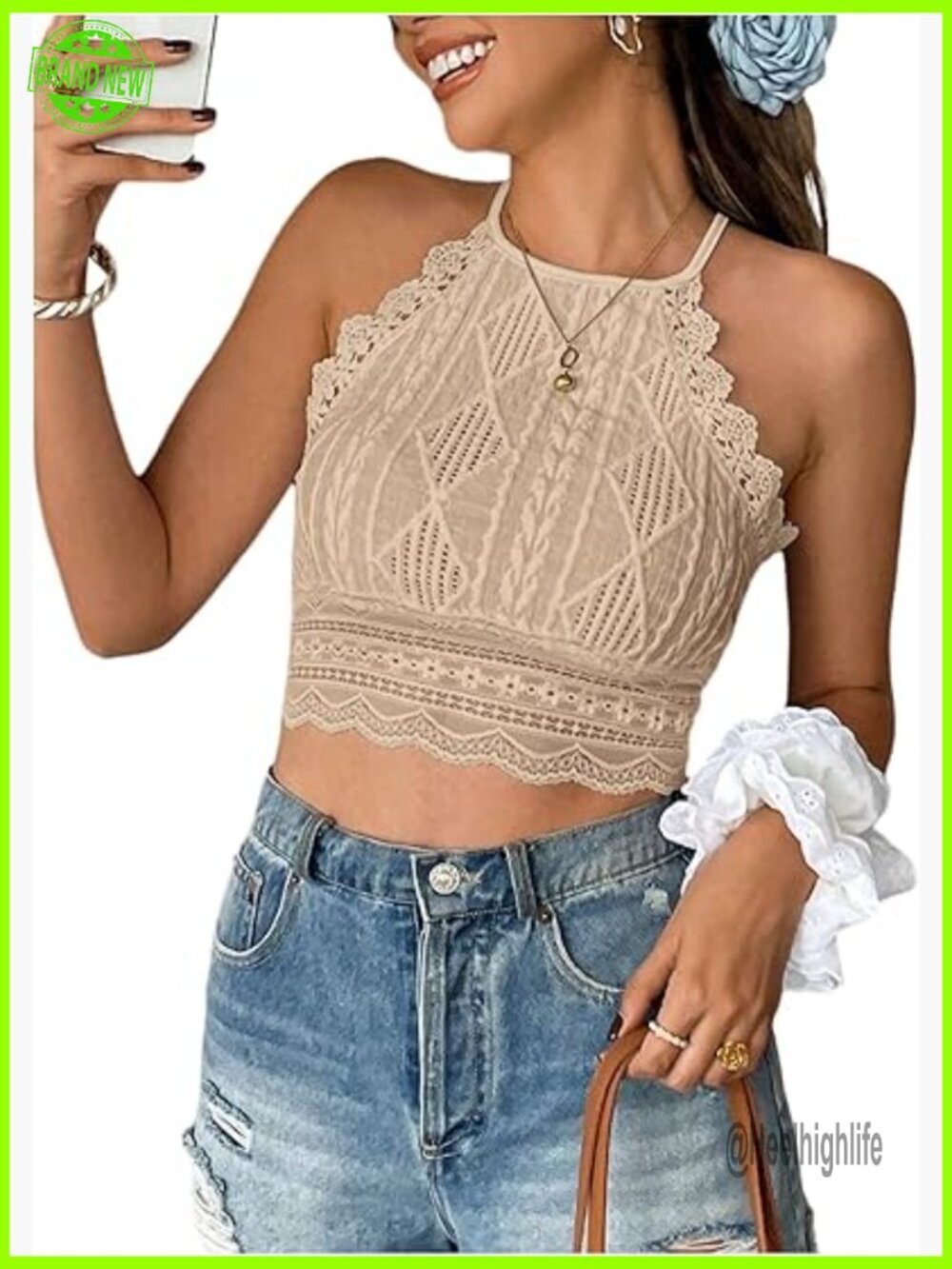Crochet Halter Crop Top Sleeveless Embroidery Boho Summer Tank